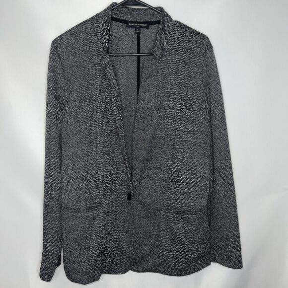BANANA REPUBLIC Long & Lean Knit Blazer Unstructured Black Sz Large Herringbone - Picture 1 of 11